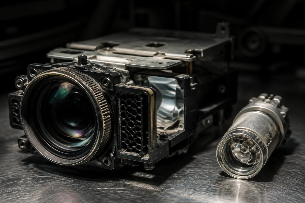 Gros plan sur le bloc optique et la source lumineuse d un vidéoprojecteur ouvert