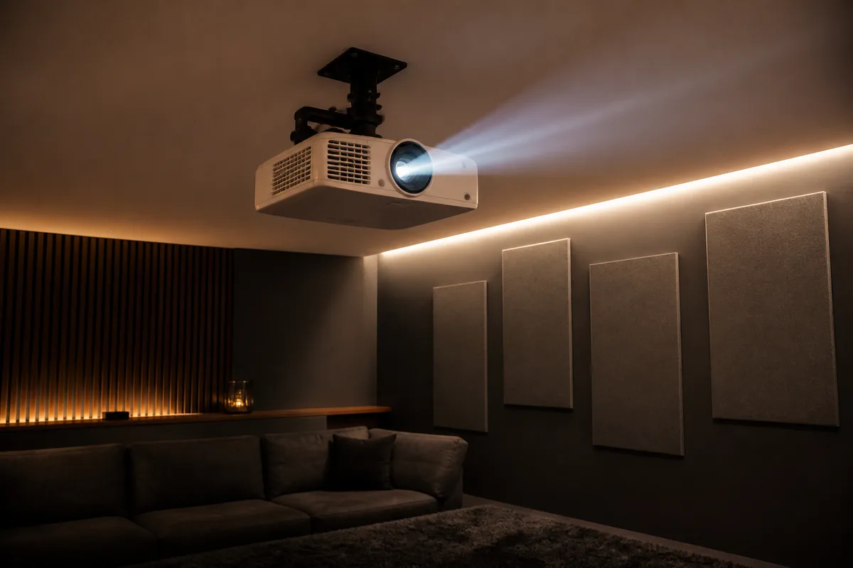 Vidéoprojecteur fixé au plafond au dessus d une zone d écoute équipée d un canapé
