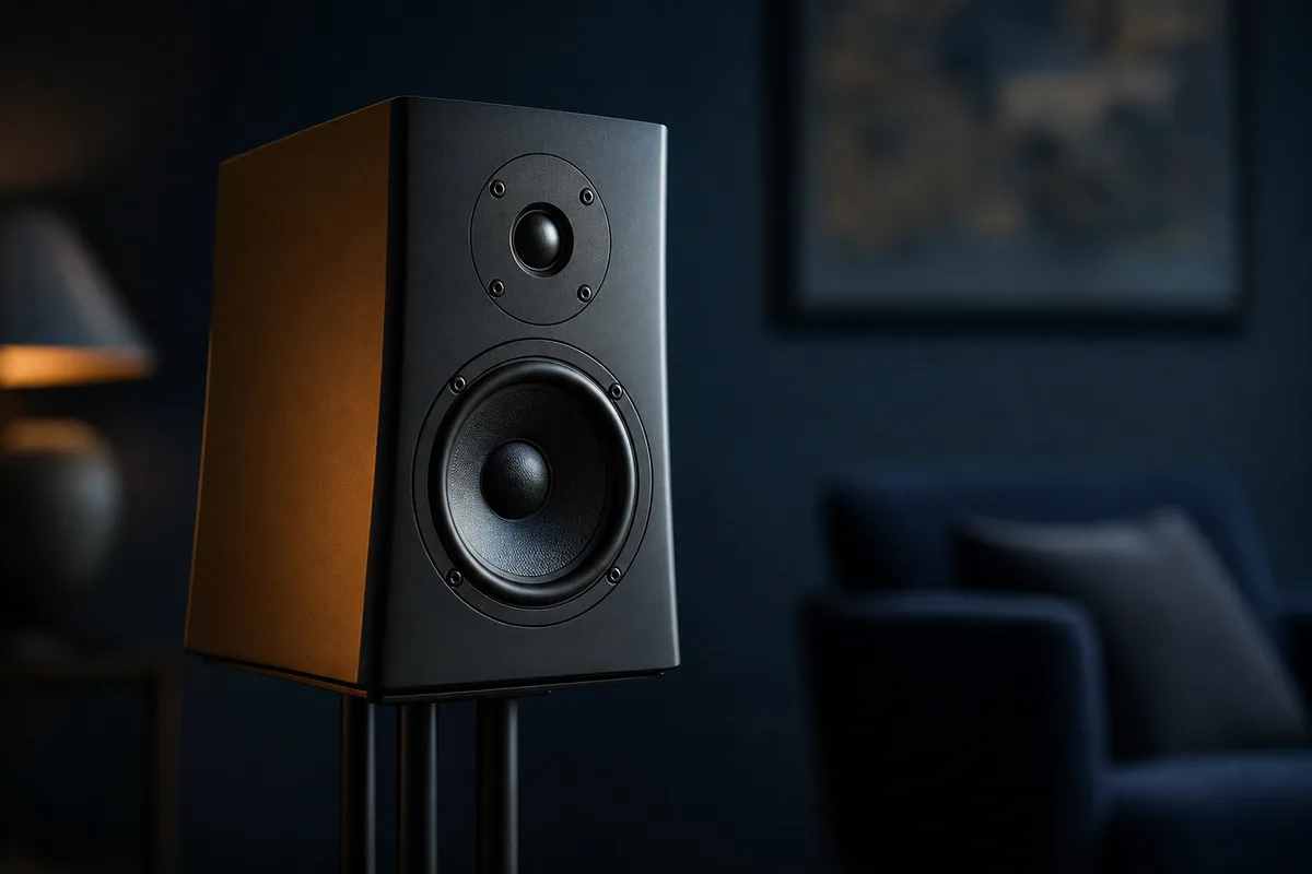 Enceinte hi-fi légèrement pincée vers la zone d’écoute, détail de l’orientation du caisson