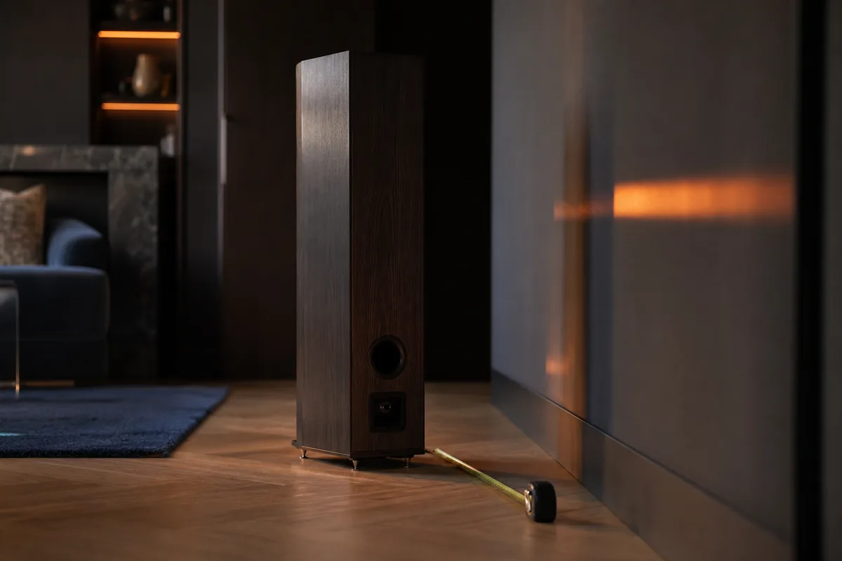 Enceinte colonne bass-reflex reculée du mur arrière, espace de dégagement visible au sol